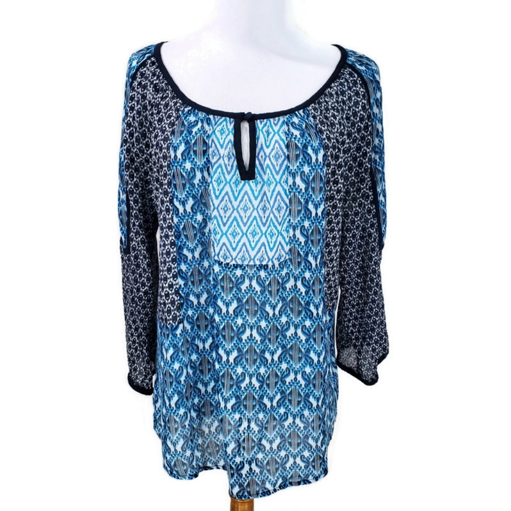 Lucky Brand Boho Gauzy Tunic Top Popover Keyhole Lightweight Long Sleeve Size L